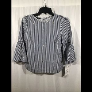 NWT Zara Poplin Stripe‎ Top with faux pearls Blue/White [ SZ Small ] #3595